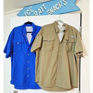 2 Mens XL Columbia PTG Fishing Shirts Excellent Olive Royal Blue 3rd shirt free